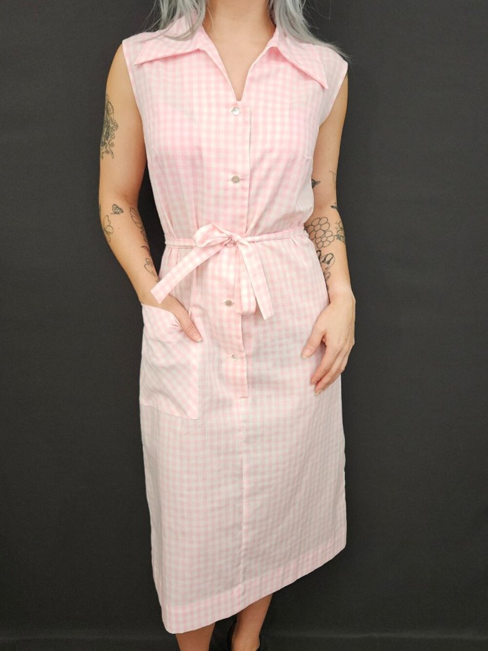 60s/70s Jean Roberts Pink Sleeveless Gingham Day Dress